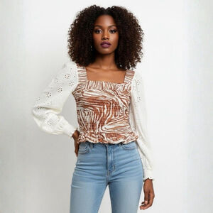 Anthropologie Love the Label Zebra Smocked Puff Sleeve Blouse - Medium